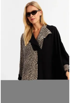 Kadın Camel-Siyah Leopar Bloklu Maxi Elbise MALO15