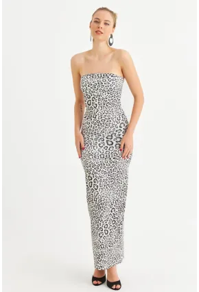 Kadın Camel-Siyah Leopar Desen Straplez Yırtmaçlı Midi Elbise XC005