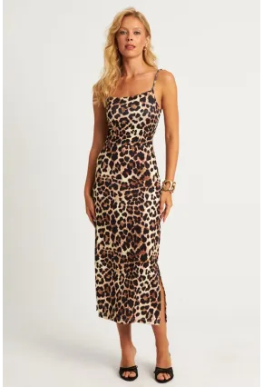 Kadın Camel-Siyah Leopar Desenli Astarlı Midi Elbise HC1540