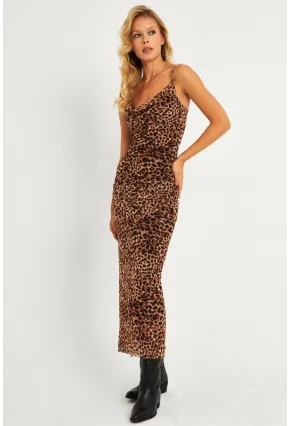 Kadın Camel-Siyah Leopar Desenli Astarlı Midi Yılbaşı Elbise GÇ180