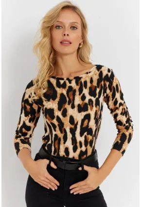 Kadın Camel-Siyah Leopar Desenli Bürümcük Bluz EY2894