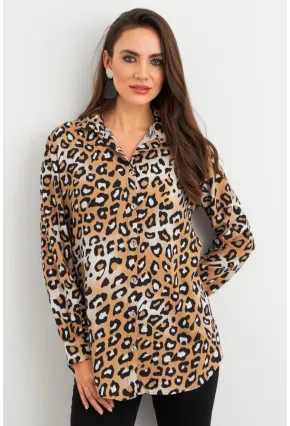 Kadın Camel-Siyah Leopar Desenli Gömlek MASF227