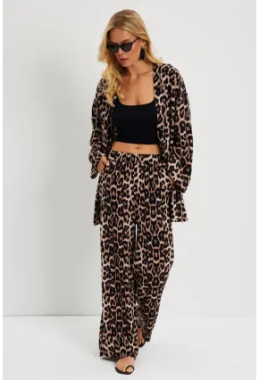 Kadın Camel-Siyah Leopar Desenli Kimono Takım GÇ163