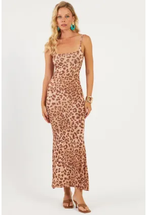 Kadın Camel-Siyah Leopar Desenli Maxi Elbise DMR283-1