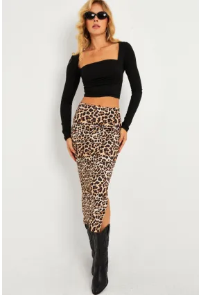 Kadın Camel-Siyah Leopar Desenli Midi Etek YLE21