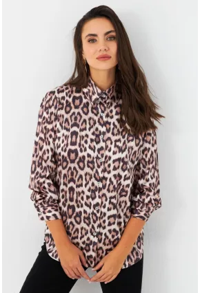 Kadın Camel-Siyah Leopar Desenli Saten Gömlek MRAD5901-1