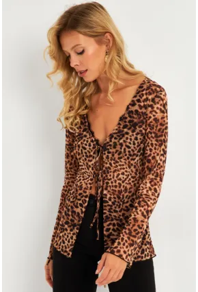 Kadın Camel-Siyah Leopar Desenli Tül  Bluz GÇ175