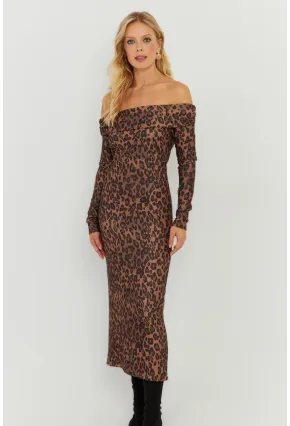 Kadın Camel-Siyah Leopar Madonna Midi Elbise RMZ21254