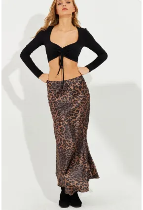 Kadın Camel-Siyah Leopar Maxi Saten Etek RMZ21152