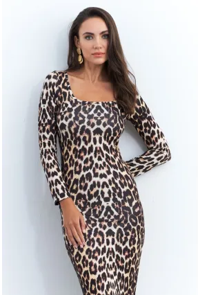 Kadın Camel-Siyah Leopar Midi Elbise RLO78