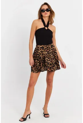 Kadın Camel-Siyah Leopar Mini Etek Q1000