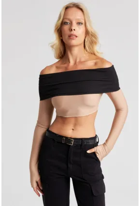 Kadın Camel-Siyah Madonna Crop Bluz CG322