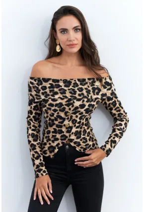 Kadın Camel-Siyah Madonna Yaka Leopar Bluz RLO77
