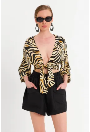 Kadın Camel-Siyah Önü Bağlamalı Crop Bluz TPG03