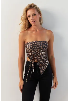 Kadın Camel-Siyah Önü Büzgülü Leopar Crop Bluz MON137
