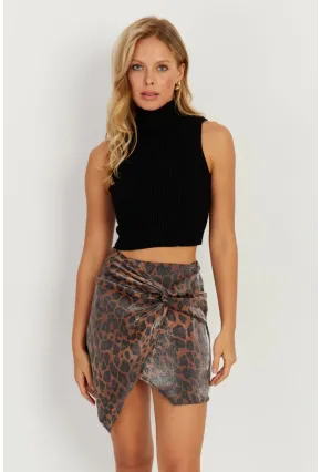 Kadın Camel-Siyah Önü Düğümlü Mini Leopar Etek NH89