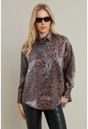 Kadın Camel-Siyah Parlak Leopar Salaş Gömlek MMİW1000