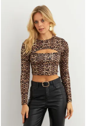 Kadın Camel-Siyah Pencereli Leopar Bluz XL10058