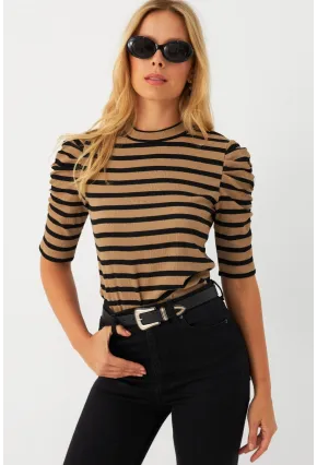 Kadın Camel-Siyah Prenses Kol Bluz MAYD12