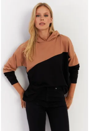 Kadın Camel-Siyah Renk Bloklu Kapüşonlu Sweatshirt DA148