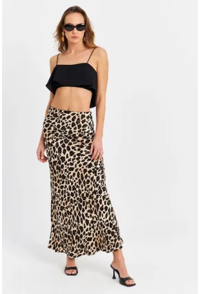 Kadın Camel-Siyah Saten Leopar Etek CAR2431
