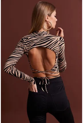 Kadın Camel-Siyah Sırt Dekolteli Zebra Desenli Crop Bluz LPP1131