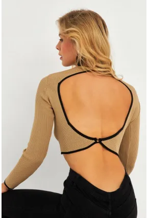 Kadın Camel-Siyah Sırtı Açık Bluz YV270
