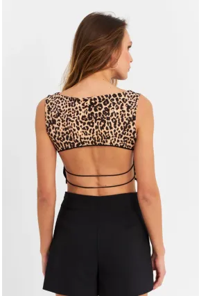 Kadın Camel-Siyah Sırtı Açık Leopar Crop Bluz ZH138