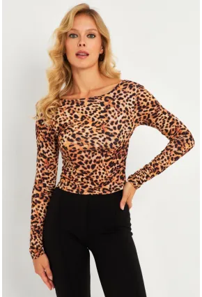 Kadın Camel-Siyah Sırtı Açık Leopar Desenli Bluz GÇ187