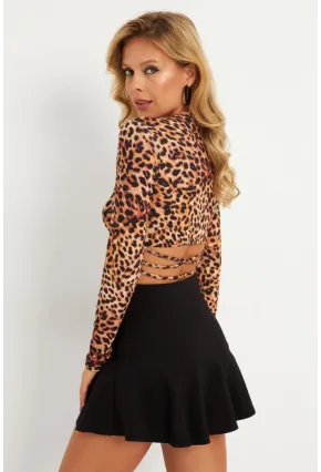 Kadın Camel-Siyah Sırtı Detaylı Leopar Desenli Bluz GÇ179