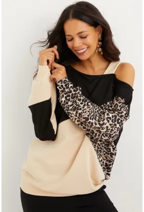 Kadın Camel-Siyah Tek Omuz Leopar Desen Bloklu Sweatshirt BK231066