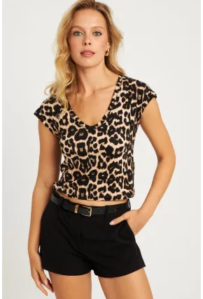 Kadın Camel-Siyah V Yaka Desenli Bluz LPP1285