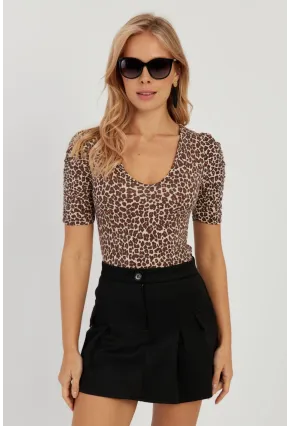 Kadın Camel-Siyah V Yaka Leopar Bluz LPP1263