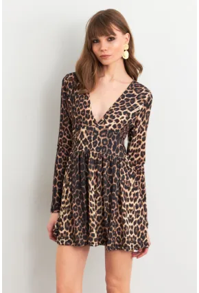 Kadın Camel-Siyah V Yaka Leopar Mini Elbise LİK17