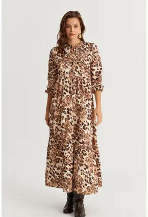 Kadın Camel-Siyah Volanlı Desenli Maxi Elbise YLE14