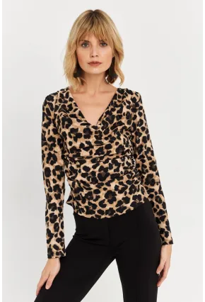 Kadın Camel-Siyah Yanları Büzgülü Degaje Leopar Bluz FRY2272