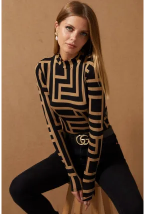 Kadın Camel-Siyah Yarım Balıkçı Desenli Bluz LPP1147