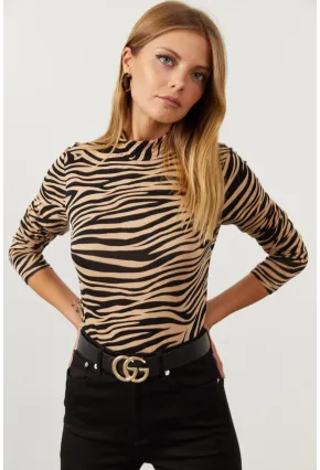 Kadın Camel-Siyah Yarım Balıkçı Zebra Desen Bluz LPP1133