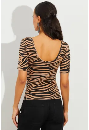 Kadın Camel-Siyah Zebra Desenli Bluz LPP1224