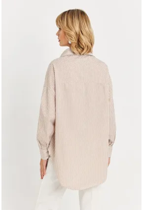 Kadın Camel Taş Detaylı Çizgili Gömlek KED4088