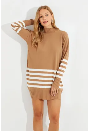Kadın Camel Triko Çizgili Tunik YV202