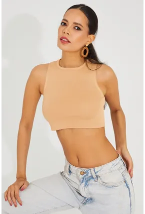 Kadın Camel Triko Crop Triko Bluz KZ2447