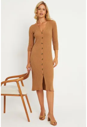 Kadın Camel Triko Midi Gömlek Elbise YV274