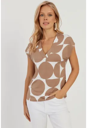 Kadın Camel V Yaka Desenli Bluz AYD293