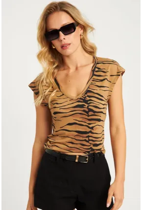 Kadın Camel V Yaka Desenli Bluz LPP1285