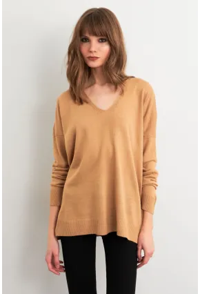 Kadın Camel V Yaka Triko Kazak YİL549