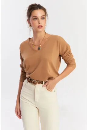 Kadın Camel V Yaka Yalaş Triko Bluz YİL552