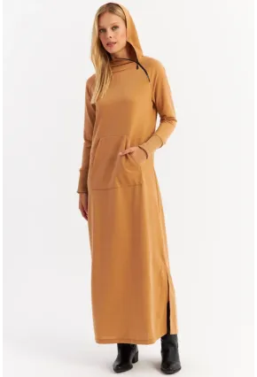 Kadın Camel Yakası Fermuarlı Maxi Sweat Elbise TF12