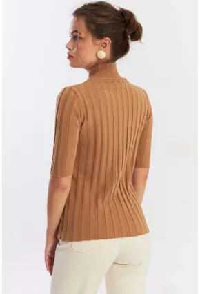 Kadın Camel Yarım Balıkçı Triko Bluz YV287