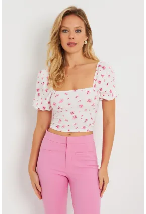 Kadın Çiçekli Crop Bluz Beyaz AYD270